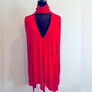 Free People Vibrant Red Turtle-Keyhole-V-Neck Tunic with Asymmetrical Hem -Large